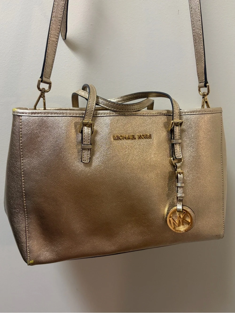 Authentic Michael Kors Metallic Gold Saffiano Tote with Logo Charm